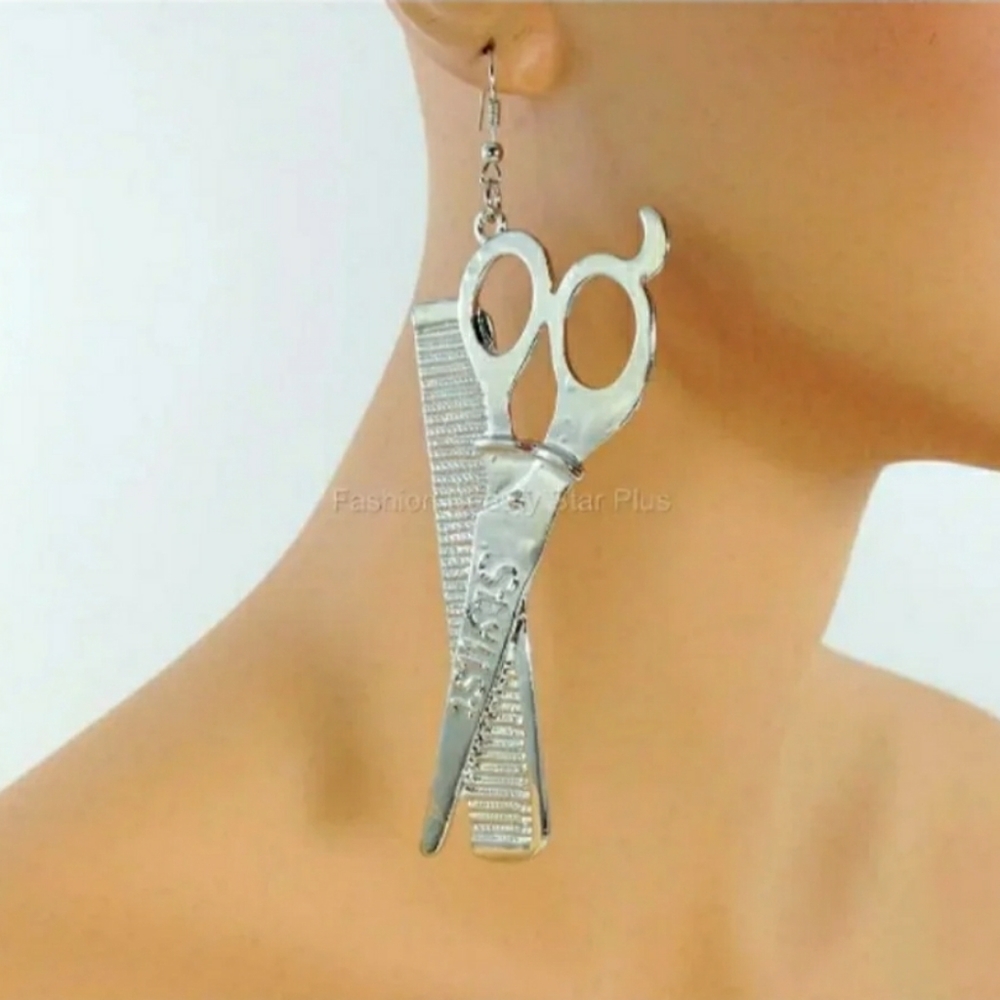 Sterling silver 925 Stylist earrings large hairdresser comb scissors